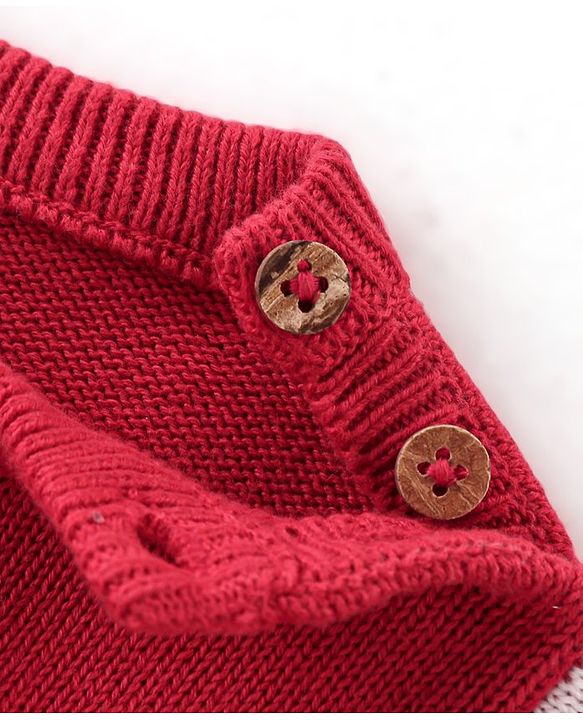 Babyhug Organic Cotton Knit Full Sleeves Sweater Set with Cap Reindeer Patch & Stripes - Red & White