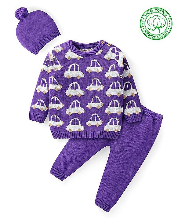 Babyhug Knit Full Sleeves Pullover Sweater Set with Cap & Car Design - Purple