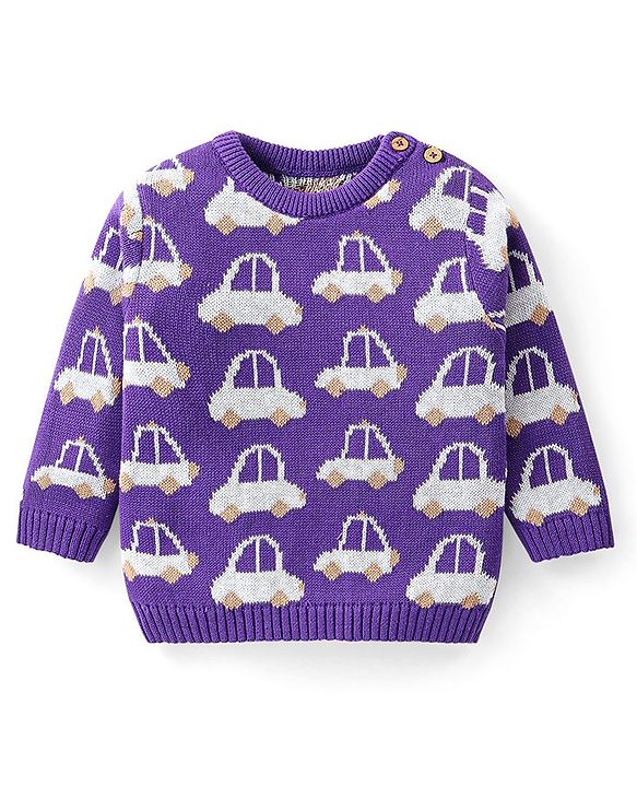 Babyhug Knit Full Sleeves Pullover Sweater Set with Cap & Car Design - Purple