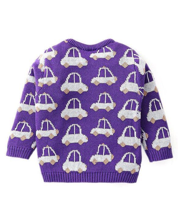 Babyhug Knit Full Sleeves Pullover Sweater Set with Cap & Car Design - Purple