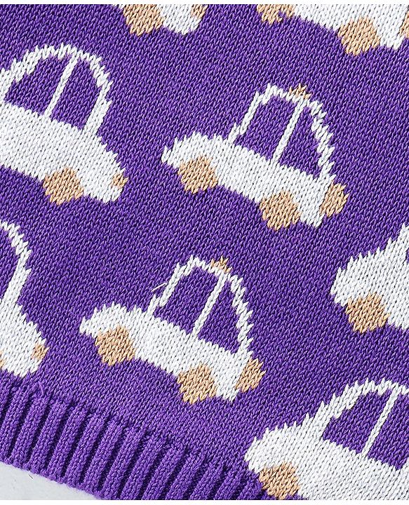 Babyhug Knit Full Sleeves Pullover Sweater Set with Cap & Car Design - Purple