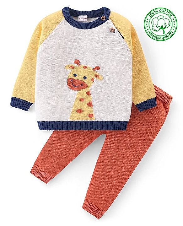 Babyhug Knit Full Sleeves Sweater Set with Giraffe Design - Yellow & Rust