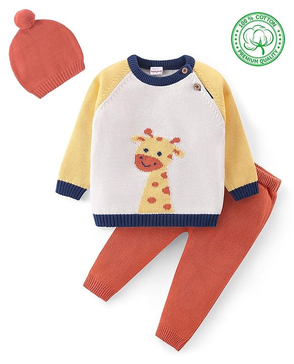 Babyhug Knit Full Sleeves Sweater Set with Giraffe Design - Yellow & Rust