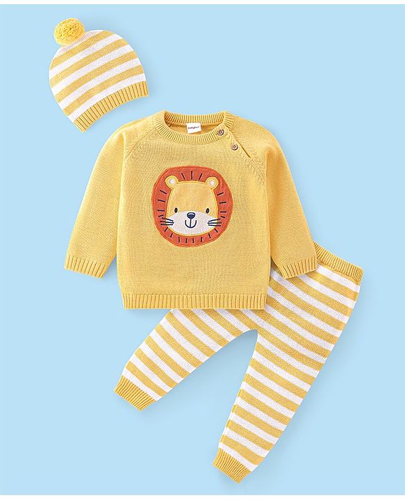 Babyhug Full Sleeves Sweater Set with Cap Lion Design - Yellow