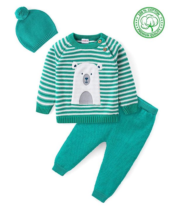 Babyhug Cotton Knit Full Raglan Sleeves Sweater Set with Cap & Stripes Design - Teal Blue