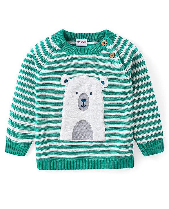 Babyhug Cotton Knit Full Raglan Sleeves Sweater Set with Cap & Stripes Design - Teal Blue