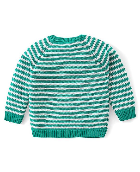 Babyhug Cotton Knit Full Raglan Sleeves Sweater Set with Cap & Stripes Design - Teal Blue