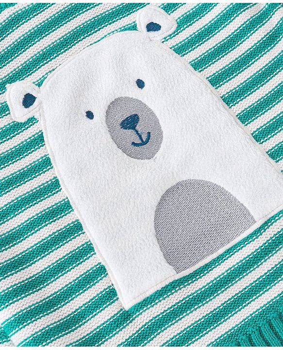 Babyhug Cotton Knit Full Raglan Sleeves Sweater Set with Cap & Stripes Design - Teal Blue