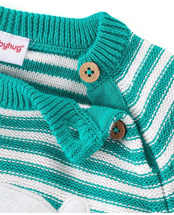 Babyhug Cotton Knit Full Raglan Sleeves Sweater Set with Cap & Stripes Design - Teal Blue