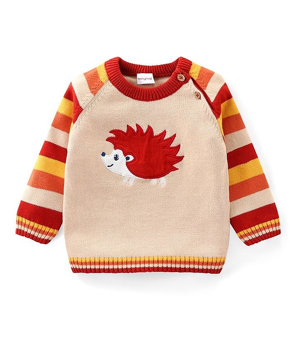 Babyhug Organic Cotton Knit Raglan Full Sleeves Striped Sweater Set & Cap with Porcupine Patch Detailing - Beige & Rust
