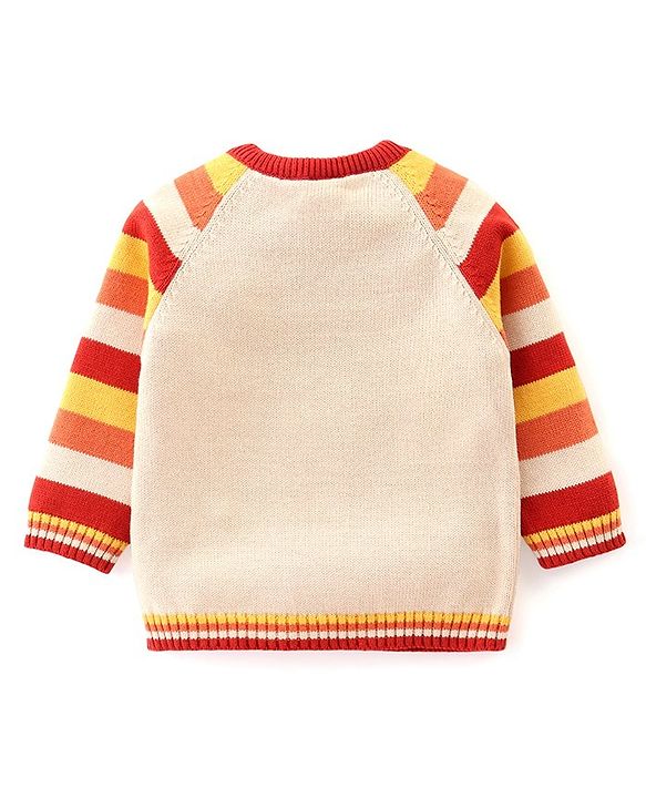 Babyhug Organic Cotton Knit Raglan Full Sleeves Striped Sweater Set & Cap with Porcupine Patch Detailing - Beige & Rust