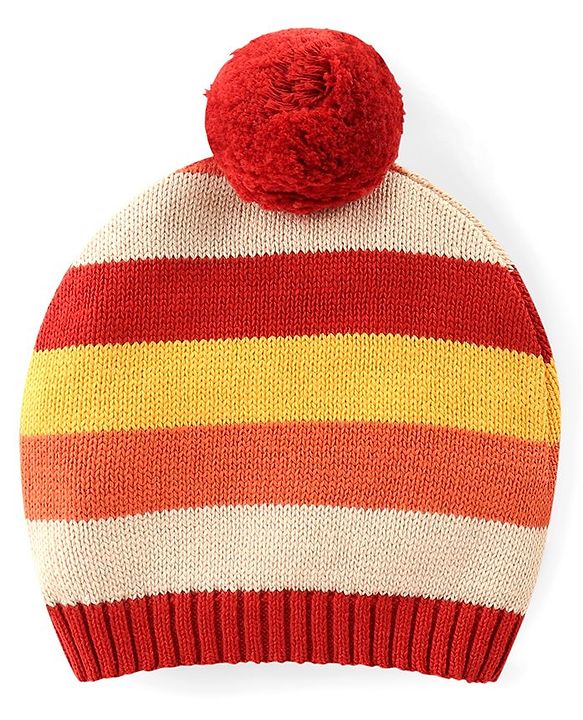 Babyhug Organic Cotton Knit Raglan Full Sleeves Striped Sweater Set & Cap with Porcupine Patch Detailing - Beige & Rust