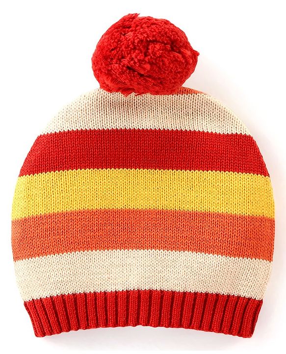 Babyhug Organic Cotton Knit Raglan Full Sleeves Striped Sweater Set & Cap with Porcupine Patch Detailing - Beige & Rust