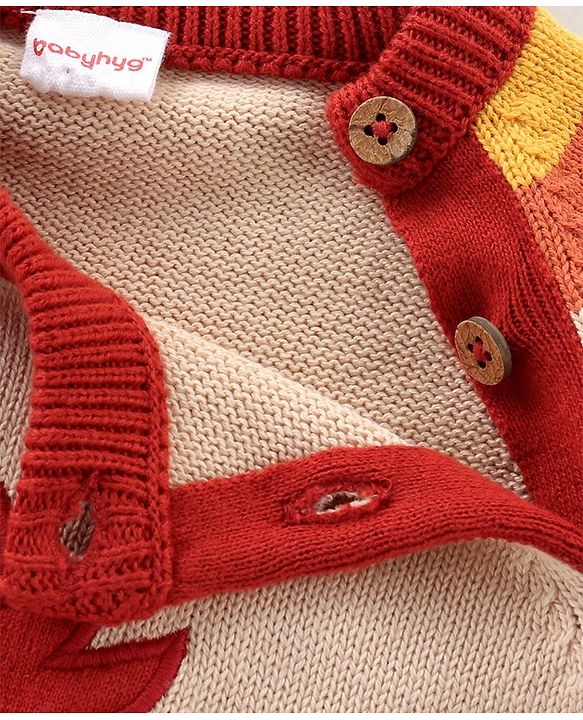Babyhug Organic Cotton Knit Raglan Full Sleeves Striped Sweater Set & Cap with Porcupine Patch Detailing - Beige & Rust