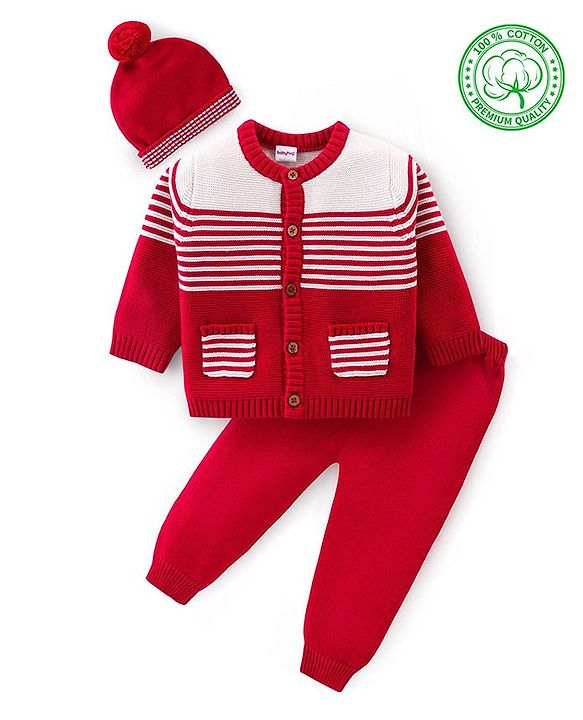 Babyhug Knit Full Sleeves Front Open Sweater Set with Cap & Stripes Design - Red & White