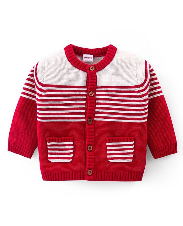 Babyhug Knit Full Sleeves Front Open Sweater Set with Cap & Stripes Design - Red & White