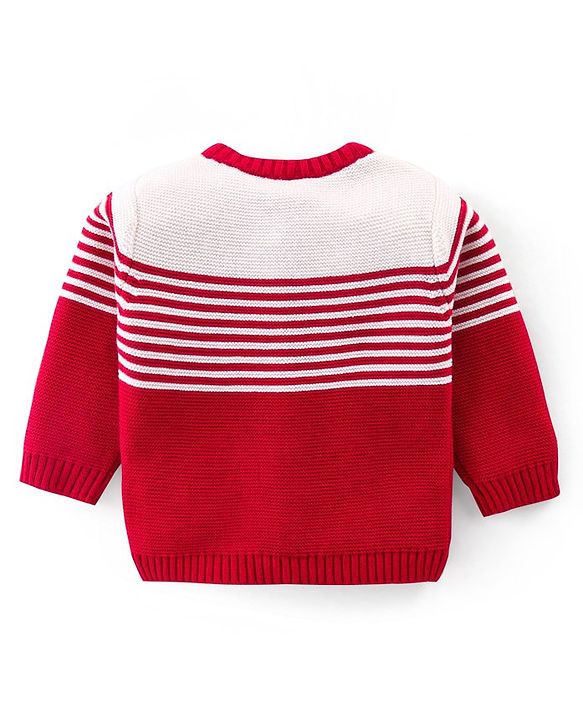Babyhug Knit Full Sleeves Front Open Sweater Set with Cap & Stripes Design - Red & White