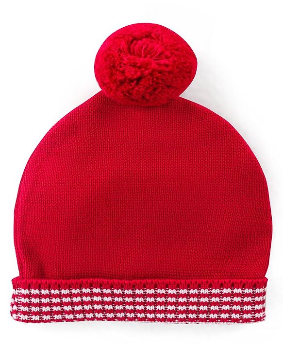 Babyhug Knit Full Sleeves Front Open Sweater Set with Cap & Stripes Design - Red & White