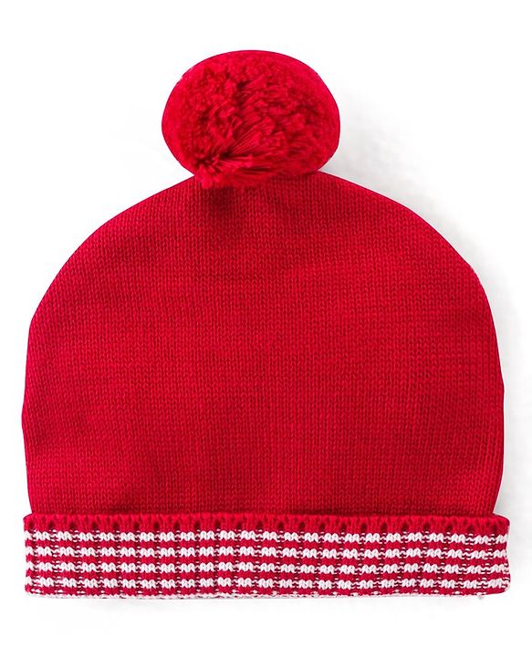 Babyhug Knit Full Sleeves Front Open Sweater Set with Cap & Stripes Design - Red & White