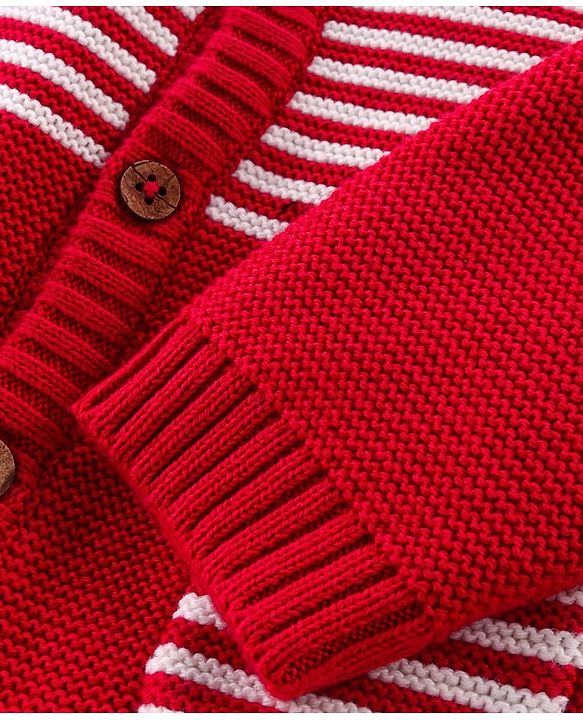 Babyhug Knit Full Sleeves Front Open Sweater Set with Cap & Stripes Design - Red & White
