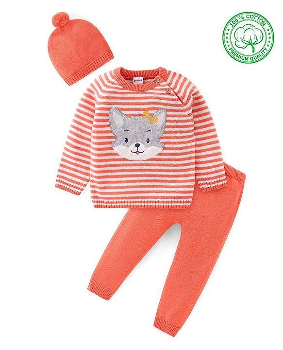 Babyhug Knitted Full Sleeves Striped Sweater Set with Cap & Fox Patch - Peach
