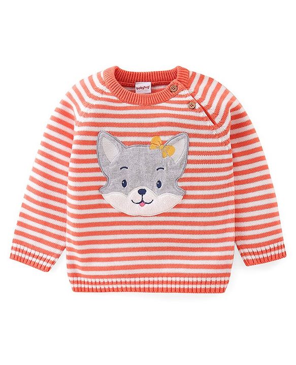 Babyhug Knitted Full Sleeves Striped Sweater Set with Cap & Fox Patch - Peach