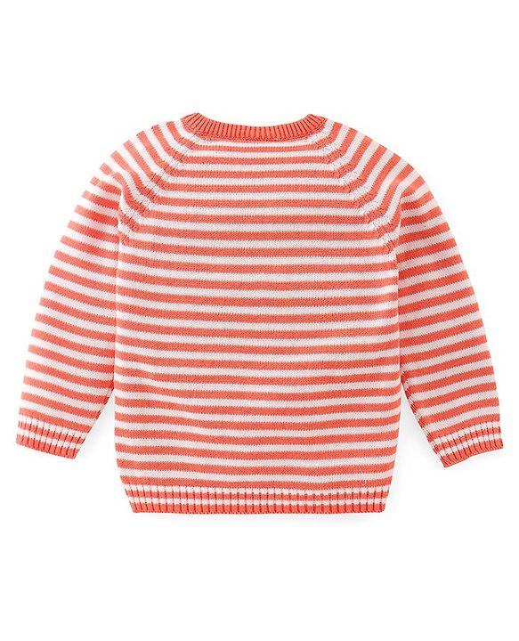Babyhug Knitted Full Sleeves Striped Sweater Set with Cap & Fox Patch - Peach