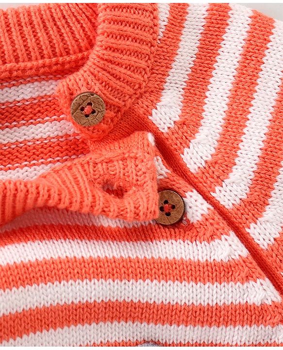 Babyhug Knitted Full Sleeves Striped Sweater Set with Cap & Fox Patch - Peach