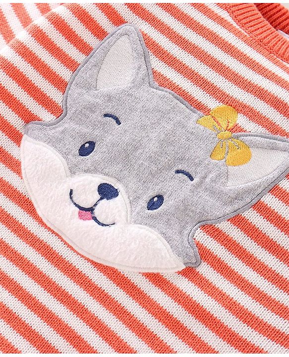 Babyhug Knitted Full Sleeves Striped Sweater Set with Cap & Fox Patch - Peach