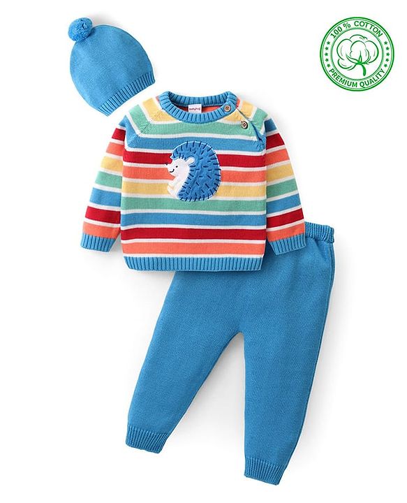Babyhug Knitted Full Sleeves Pullover Striped Sweater Set with Cap & Hedgehog Design- Multicolour