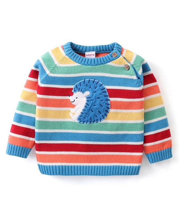 Babyhug Knitted Full Sleeves Pullover Striped Sweater Set with Cap & Hedgehog Design- Multicolour
