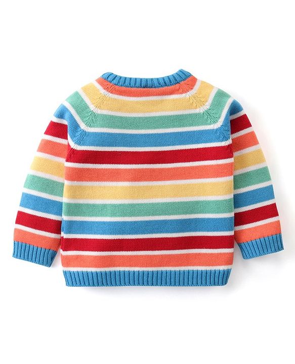 Babyhug Knitted Full Sleeves Pullover Striped Sweater Set with Cap & Hedgehog Design- Multicolour