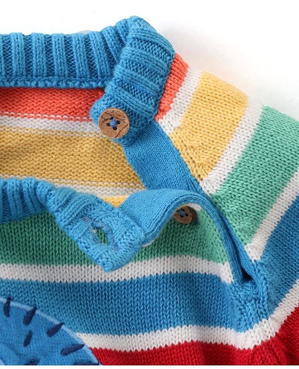 Babyhug Knitted Full Sleeves Pullover Striped Sweater Set with Cap & Hedgehog Design- Multicolour