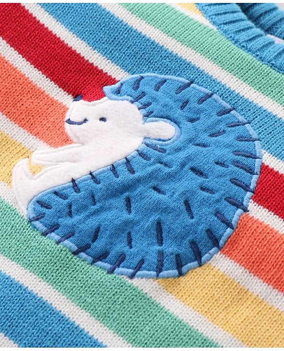 Babyhug Knitted Full Sleeves Pullover Striped Sweater Set with Cap & Hedgehog Design- Multicolour