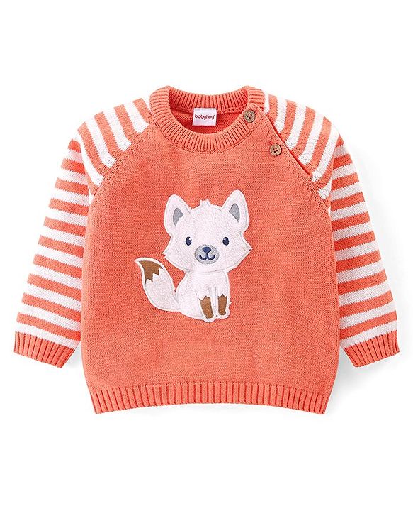 Babyhug Knit Full Sleeves Sweater Set with Cap Fox Design - Orange