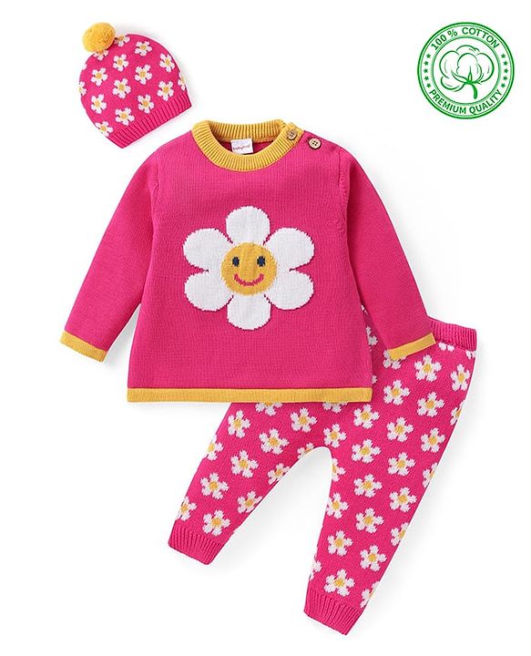 Babyhug Knitted Full Sleeves Pullover Floral Designed Sweater Set with Cap- Dark Pink