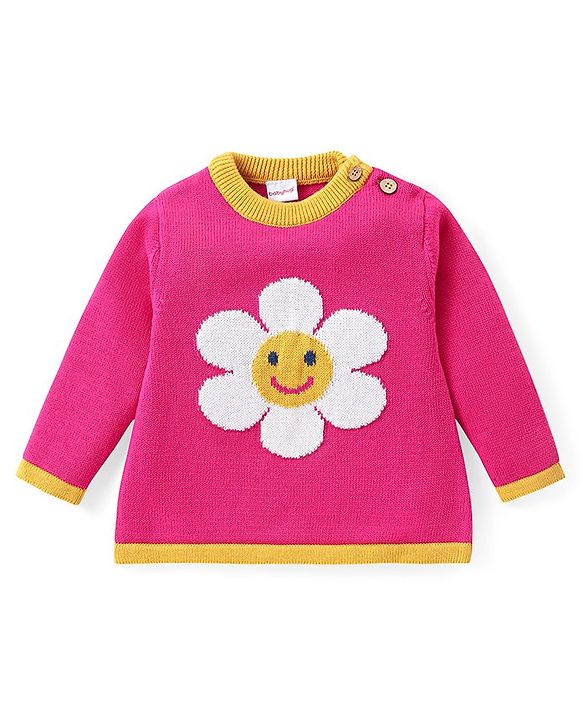 Babyhug Knitted Full Sleeves Pullover Floral Designed Sweater Set with Cap- Dark Pink