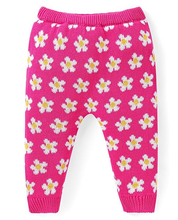 Babyhug Knitted Full Sleeves Pullover Floral Designed Sweater Set with Cap- Dark Pink