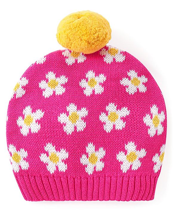 Babyhug Knitted Full Sleeves Pullover Floral Designed Sweater Set with Cap- Dark Pink
