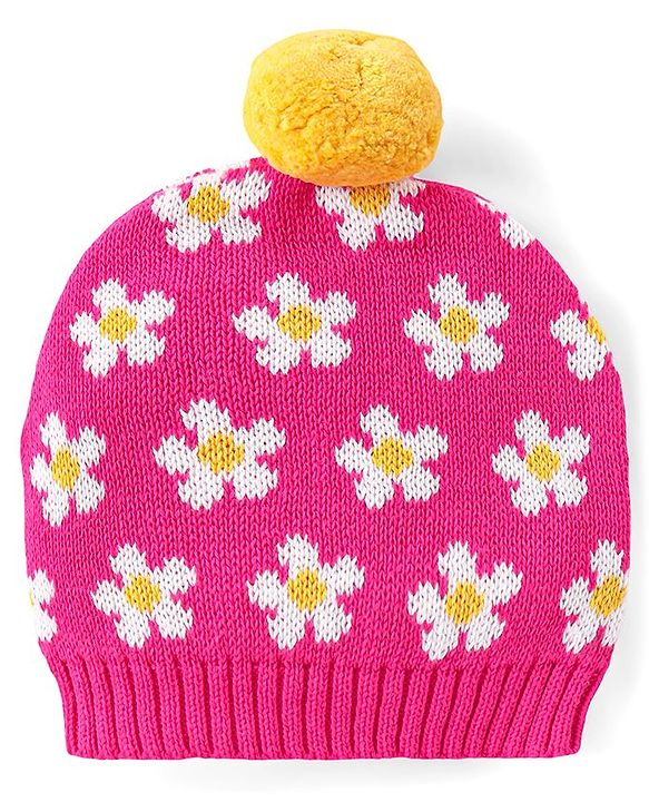 Babyhug Knitted Full Sleeves Pullover Floral Designed Sweater Set with Cap- Dark Pink