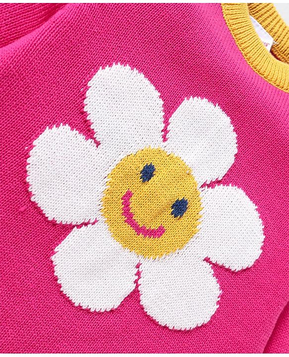 Babyhug Knitted Full Sleeves Pullover Floral Designed Sweater Set with Cap- Dark Pink