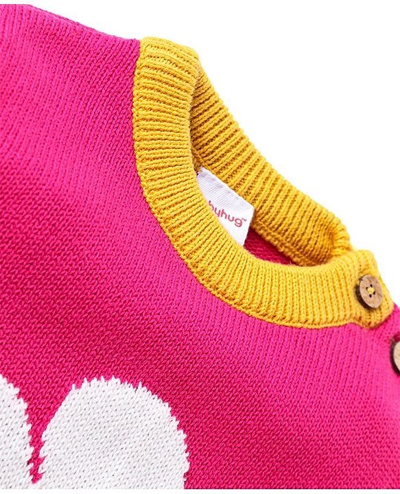 Babyhug Knitted Full Sleeves Pullover Floral Designed Sweater Set with Cap- Dark Pink