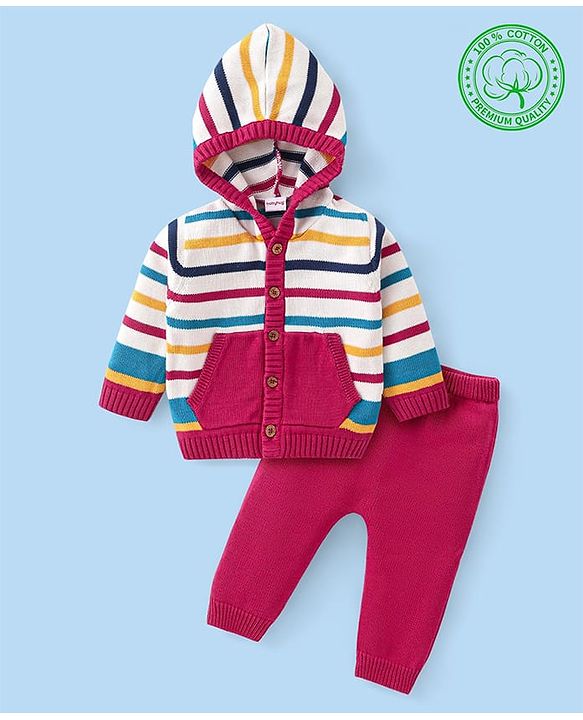 Babyhug Cotton Knit Full Sleeves Front Open Hooded Sweater Set with Stripes Design - Red