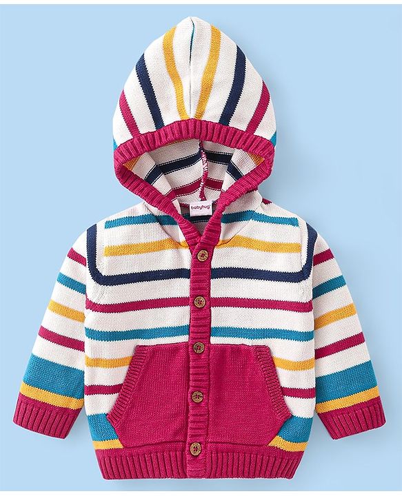 Babyhug Cotton Knit Full Sleeves Front Open Hooded Sweater Set with Stripes Design - Red