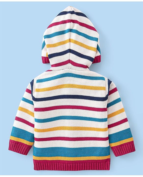 Babyhug Cotton Knit Full Sleeves Front Open Hooded Sweater Set with Stripes Design - Red
