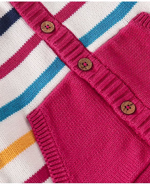 Babyhug Cotton Knit Full Sleeves Front Open Hooded Sweater Set with Stripes Design - Red