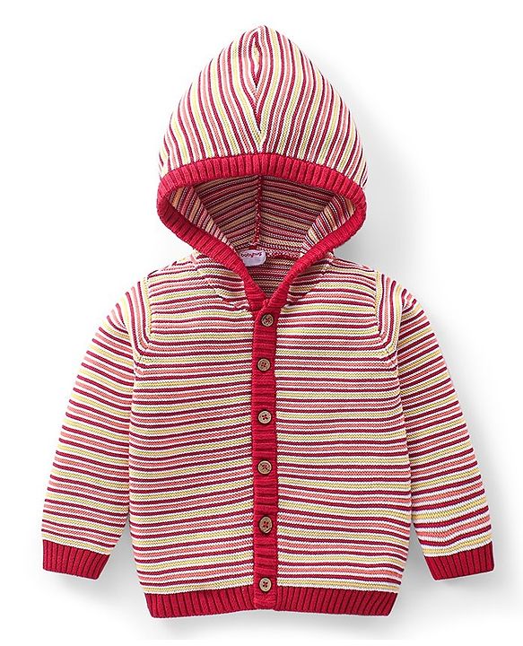 Babyhug Knitted Full Sleeves Striped Hooded Sweater Set - Red
