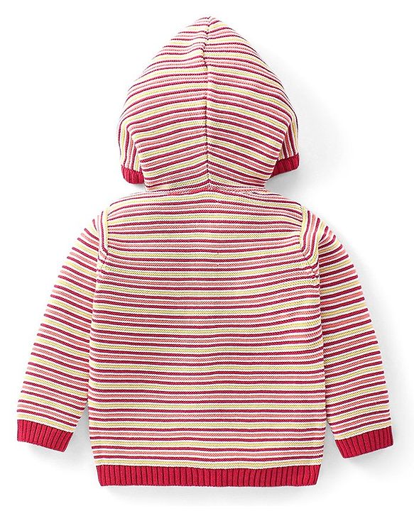 Babyhug Knitted Full Sleeves Striped Hooded Sweater Set - Red