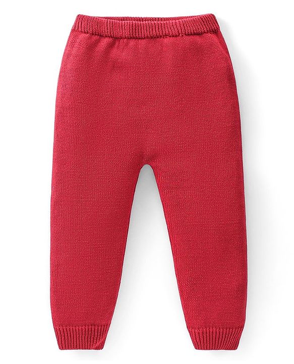 Babyhug Knitted Full Sleeves Striped Hooded Sweater Set - Red
