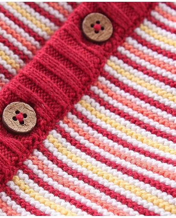 Babyhug Knitted Full Sleeves Striped Hooded Sweater Set - Red